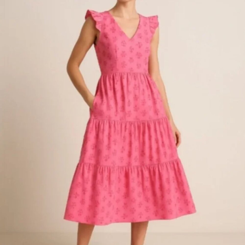 J. Crew Vibrant Pink Eyelet Tiered Skirt Vneck Ruffle Sleeveless Midi Dress